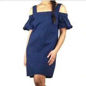 JCREW NAVY BLUE WOVEN TEXTURED COLD SHOULDER DRESS SIDE ZIP